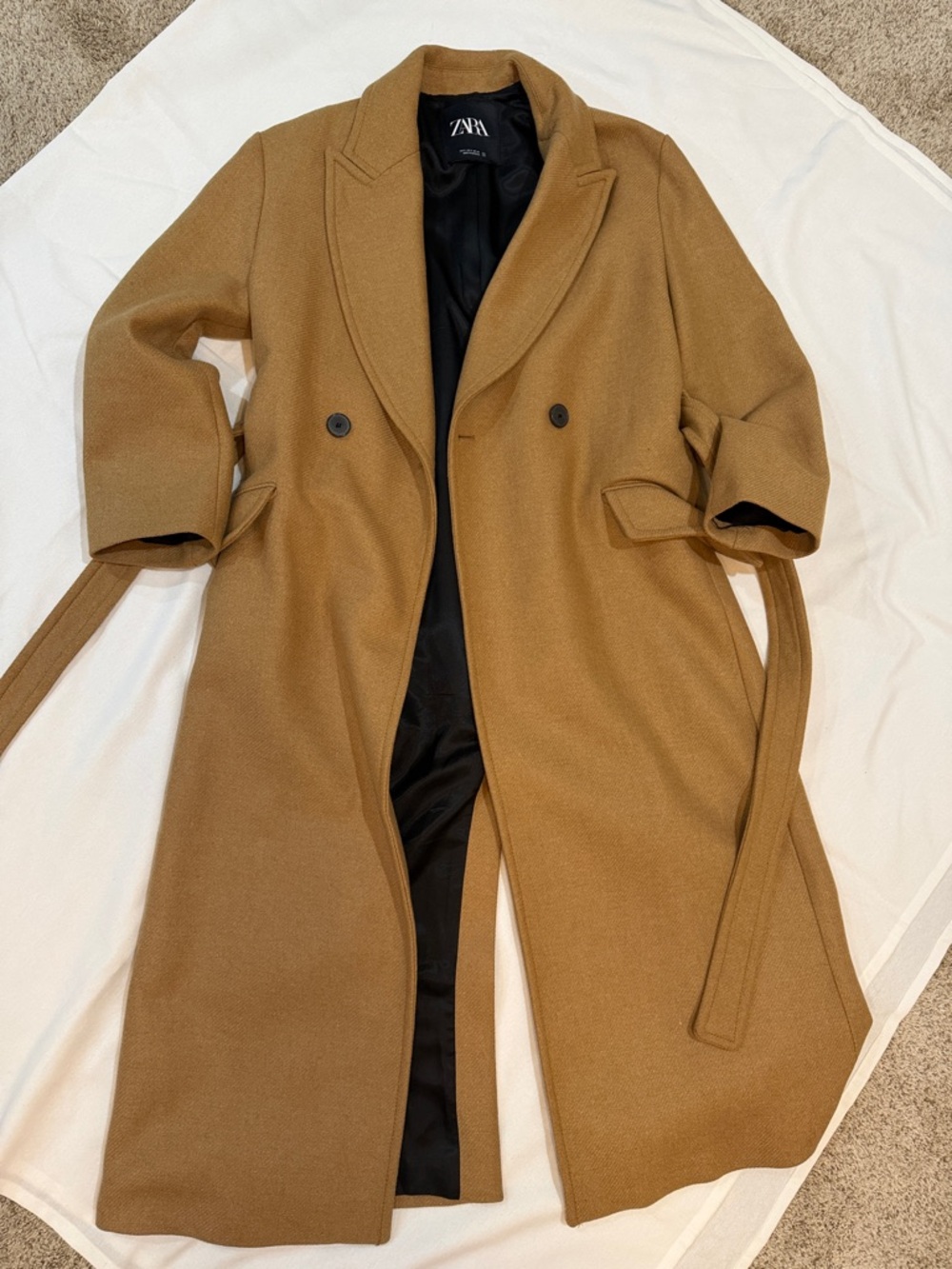 Zara Camel Double-Breasted Belted Trench Coat